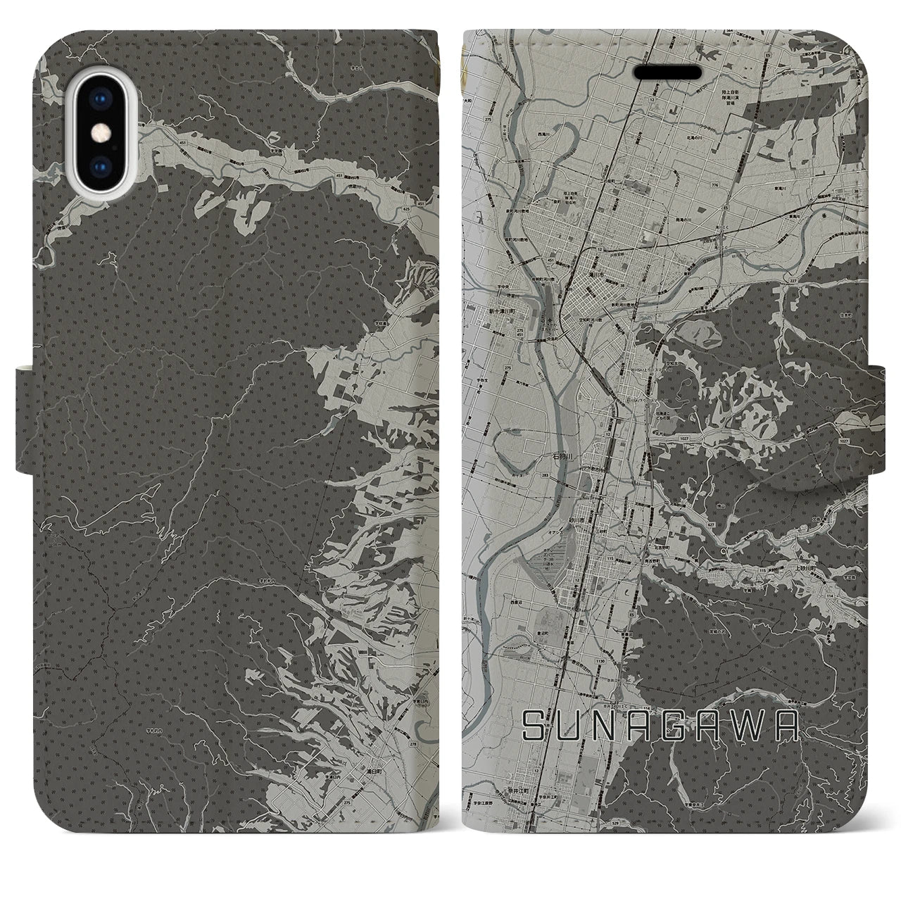 【砂川(北海道)】地図柄iPhoneケース(手帳タイプ)モノトーン・iPhone XS Max 用