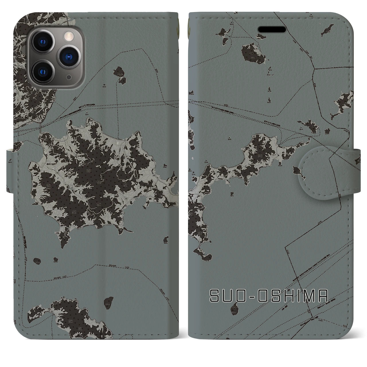 【周防大島(山口県)】地図柄iPhoneケース(手帳タイプ)モノトーン・iPhone 11 Pro Max 用