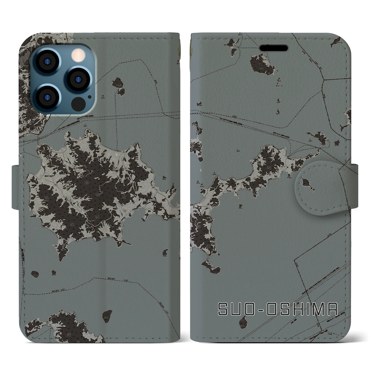【周防大島(山口県)】地図柄iPhoneケース(手帳タイプ)モノトーン・iPhone 12 / 12 Pro 用