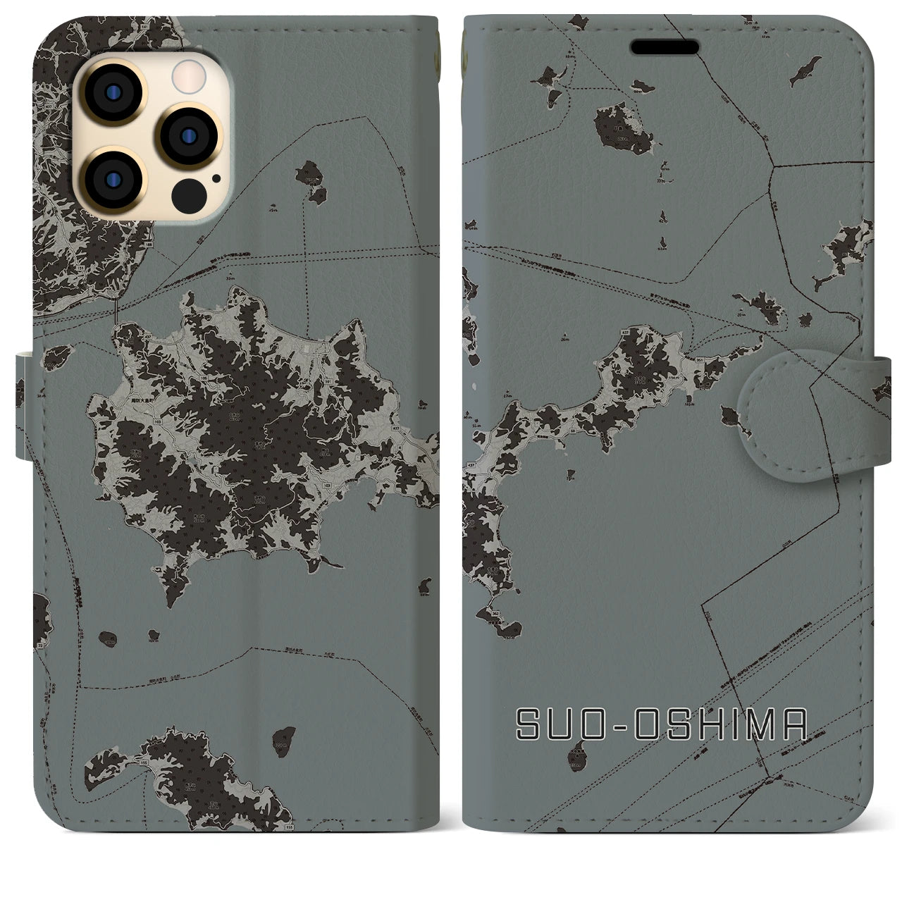 【周防大島(山口県)】地図柄iPhoneケース(手帳タイプ)モノトーン・iPhone 12 Pro Max 用