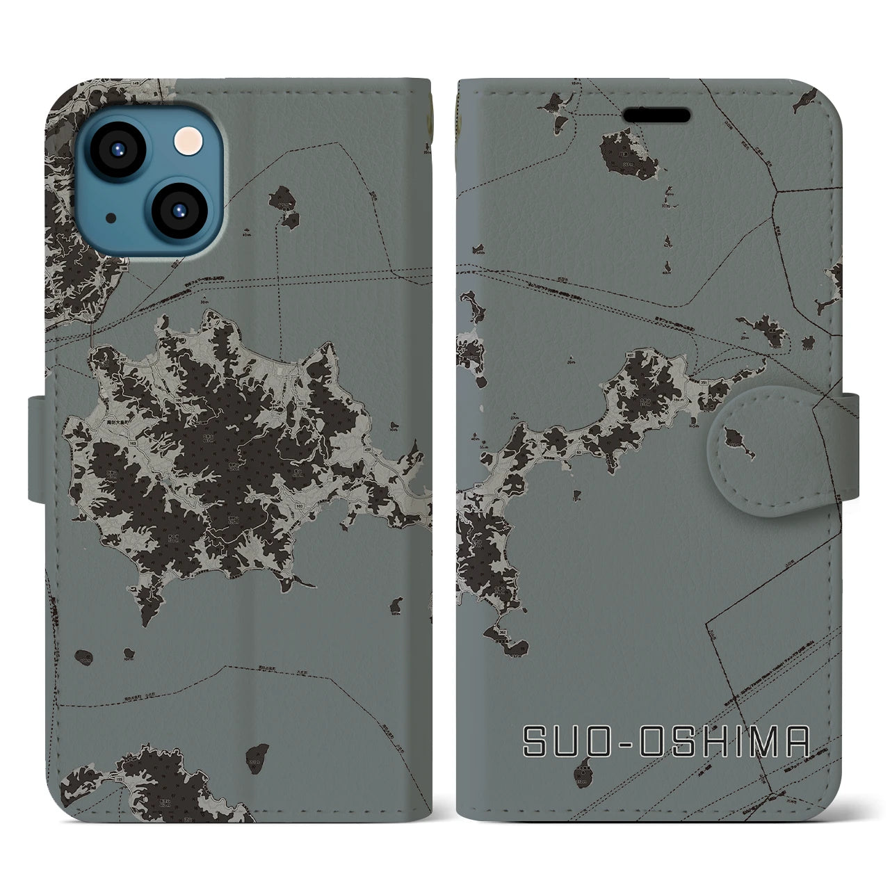 【周防大島(山口県)】地図柄iPhoneケース(手帳タイプ)モノトーン・iPhone 13 用