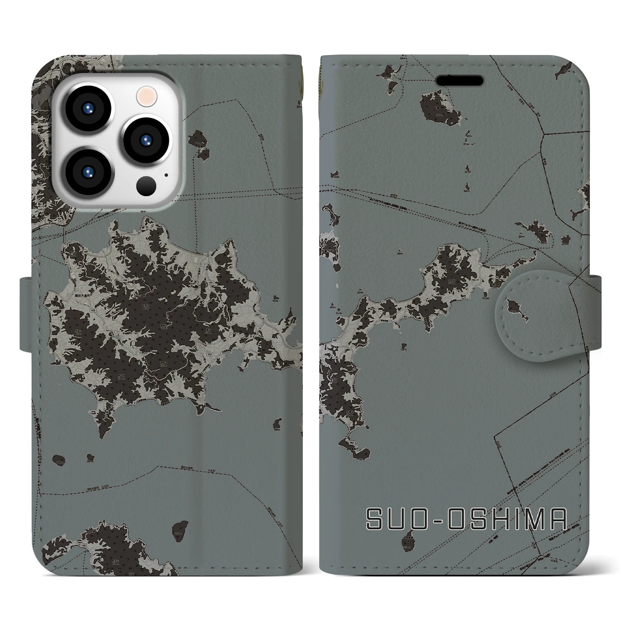 【周防大島(山口県)】地図柄iPhoneケース(手帳タイプ)モノトーン・iPhone 13 Pro 用