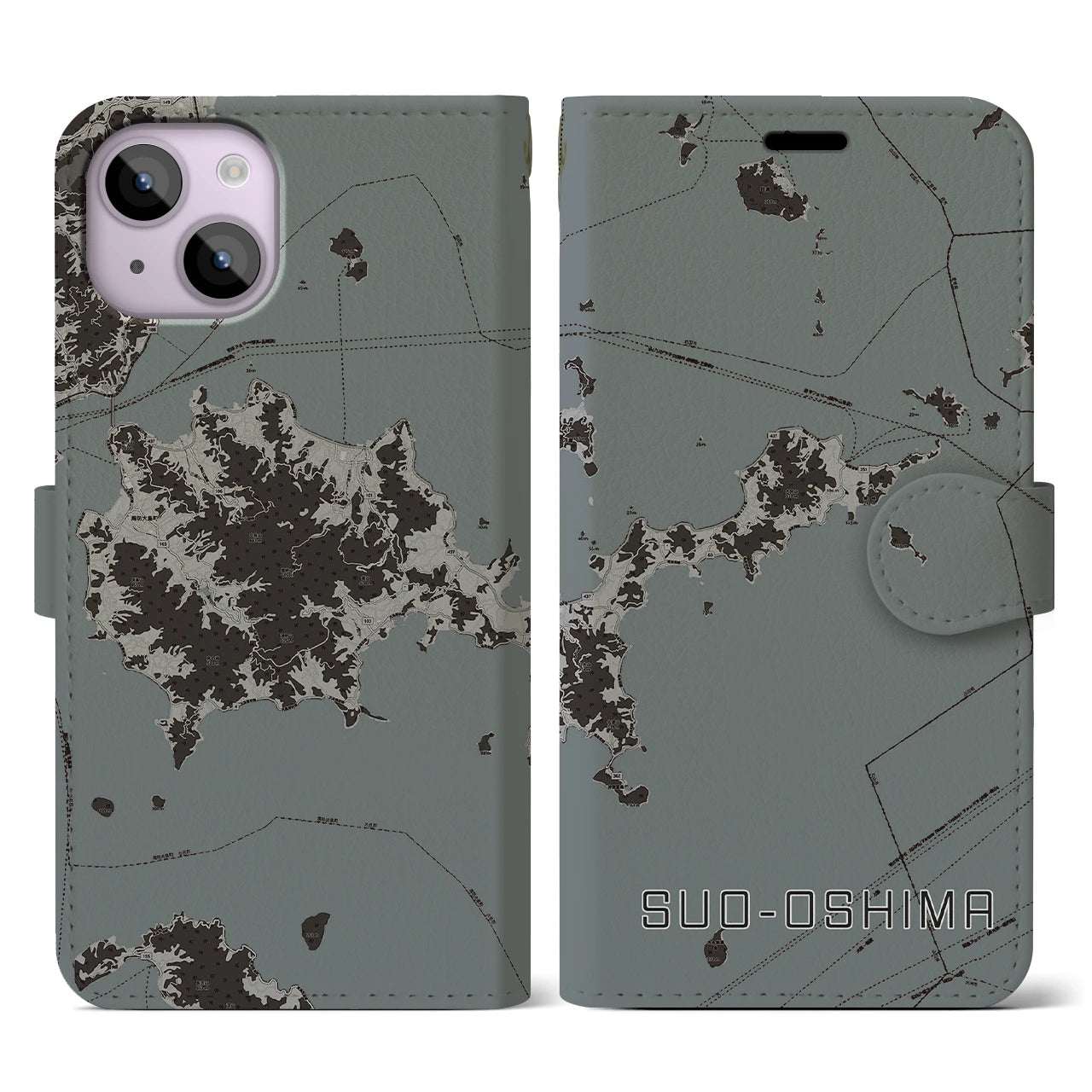 【周防大島(山口県)】地図柄iPhoneケース(手帳タイプ)モノトーン・iPhone 14 用