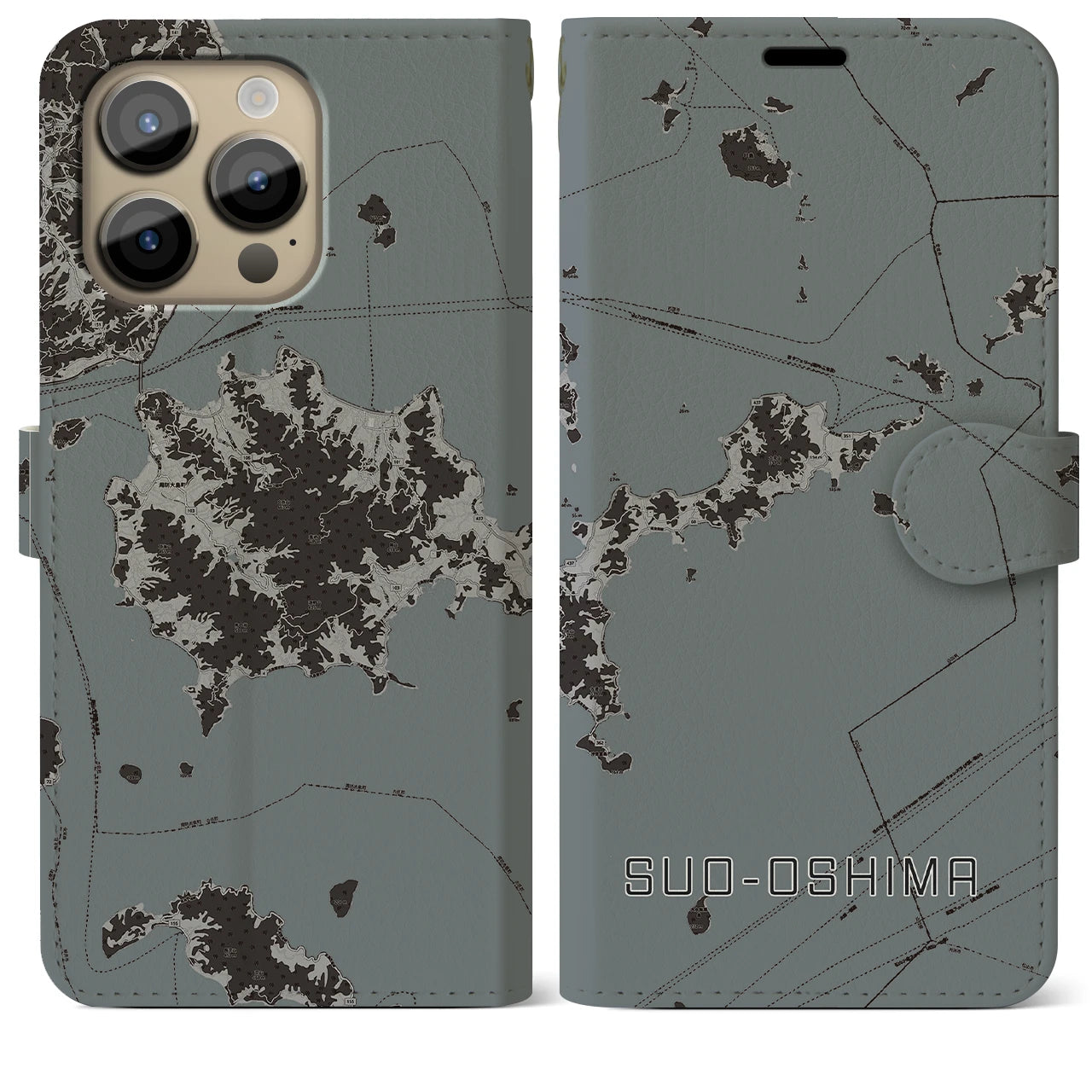 【周防大島(山口県)】地図柄iPhoneケース(手帳タイプ)モノトーン・iPhone 14 Pro Max 用
