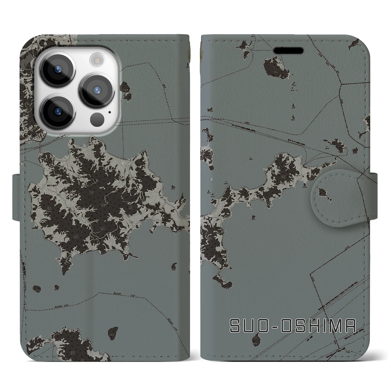 【周防大島(山口県)】地図柄iPhoneケース(手帳タイプ)モノトーン・iPhone 14 Pro 用
