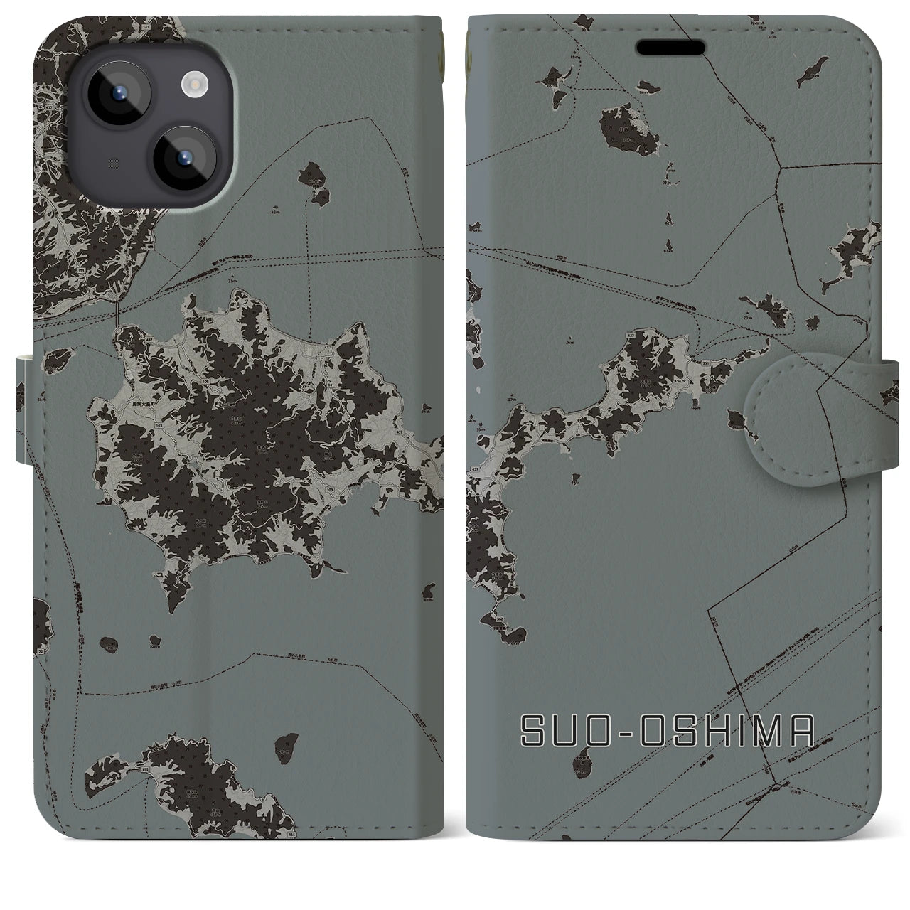 【周防大島(山口県)】地図柄iPhoneケース(手帳タイプ)モノトーン・iPhone 14 Plus 用