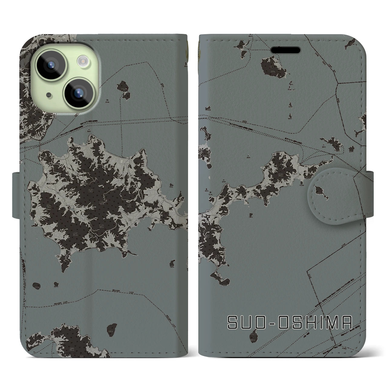 【周防大島(山口県)】地図柄iPhoneケース(手帳タイプ)モノトーン・iPhone 15 用