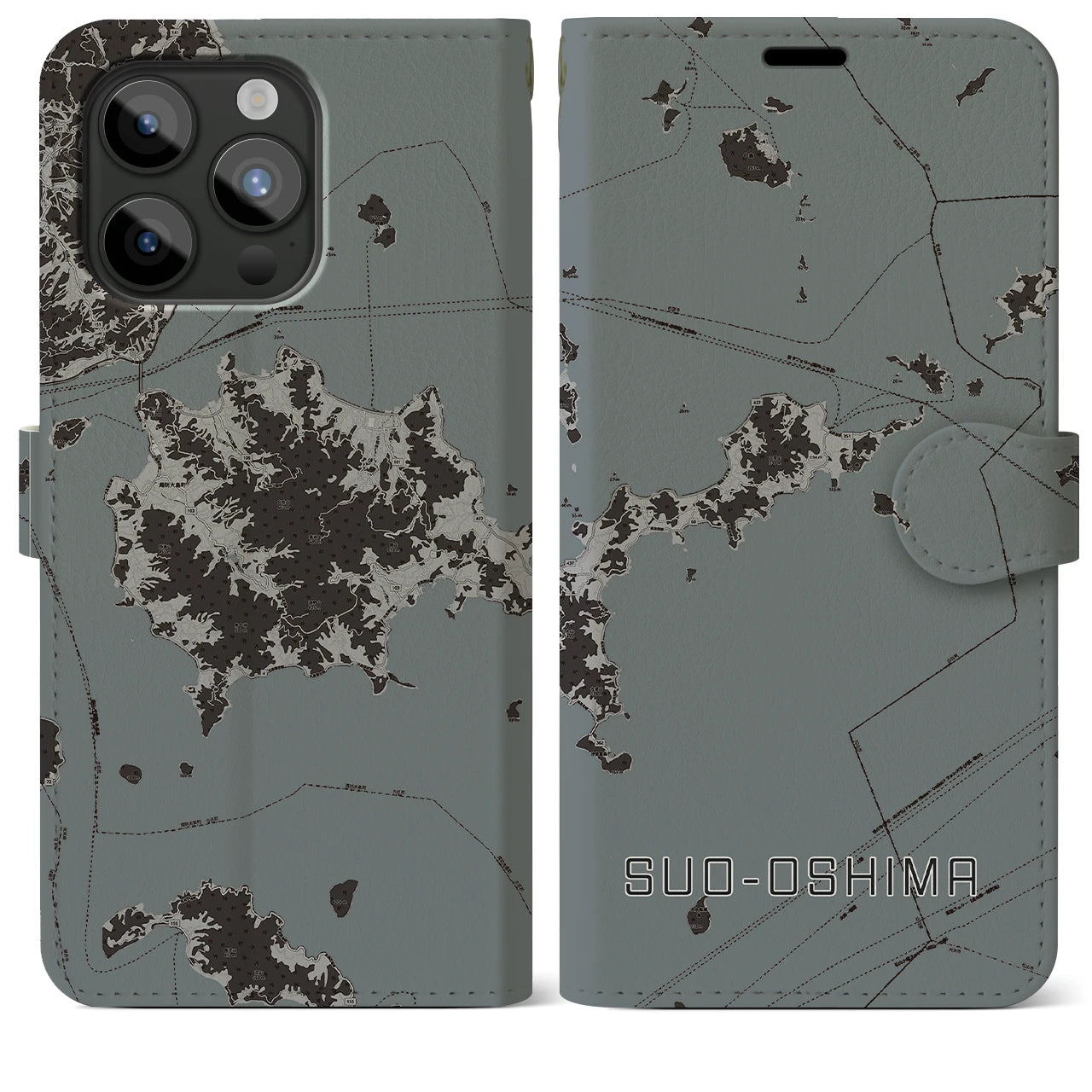 【周防大島(山口県)】地図柄iPhoneケース(手帳タイプ)モノトーン・iPhone 15 Pro Max 用