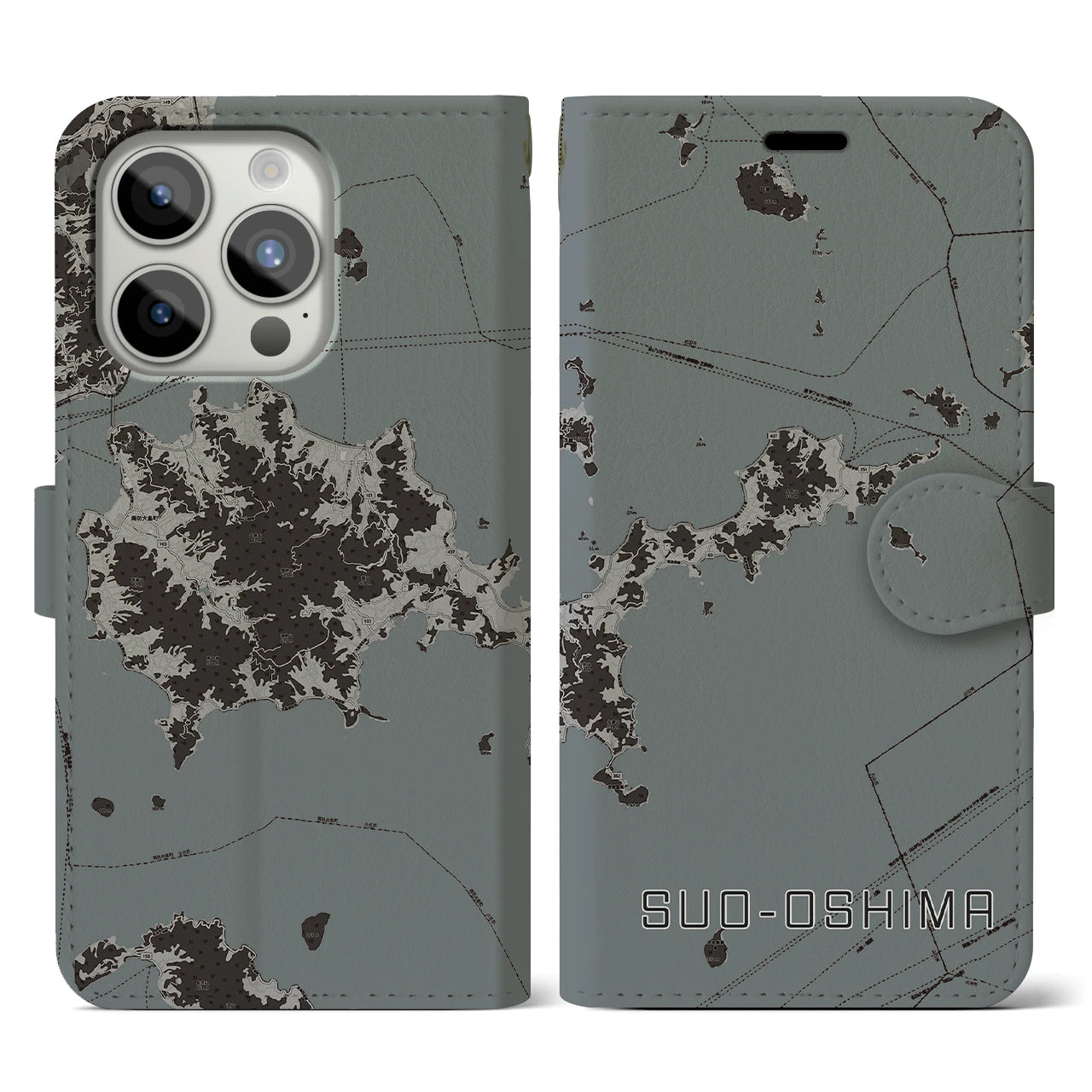 【周防大島(山口県)】地図柄iPhoneケース(手帳タイプ)モノトーン・iPhone 15 Pro 用