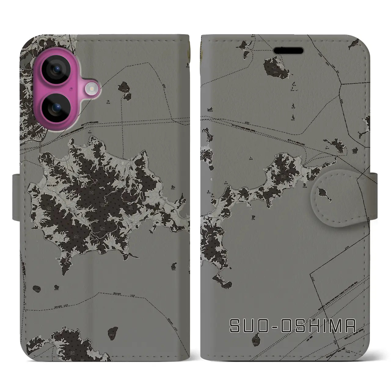 【周防大島(山口県)】地図柄iPhoneケース(手帳タイプ)モノトーン・iPhone 16 Pro 用