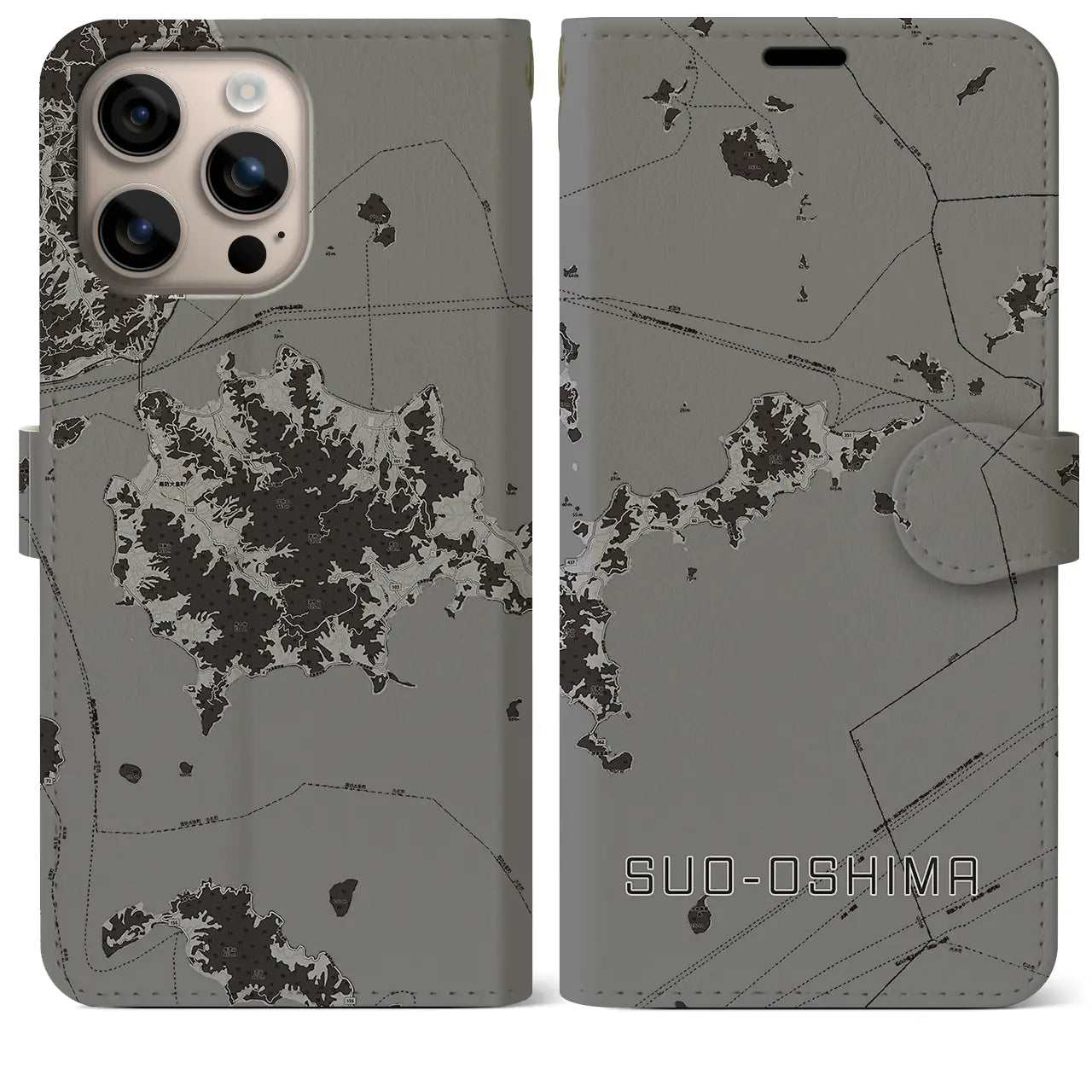 【周防大島(山口県)】地図柄iPhoneケース(手帳タイプ)モノトーン・iPhone 16 Plus 用