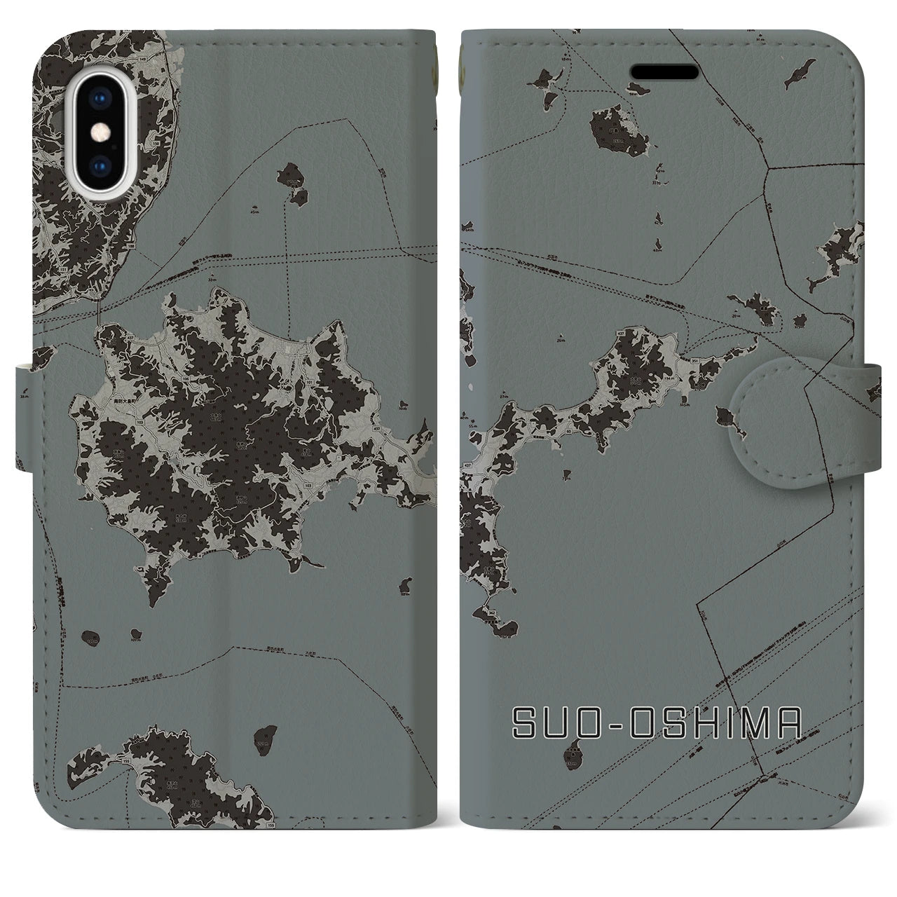 【周防大島(山口県)】地図柄iPhoneケース(手帳タイプ)モノトーン・iPhone XS Max 用