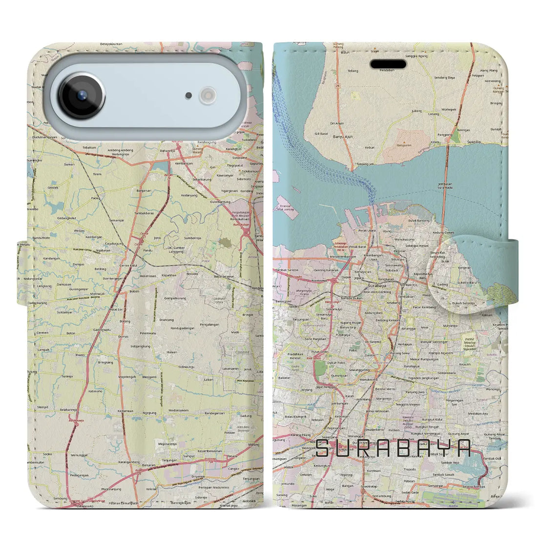 【スラバヤ(インドネシア)】地図柄iPhoneケース(手帳タイプ)モノトーン・iPhone 17 Pro Max 用