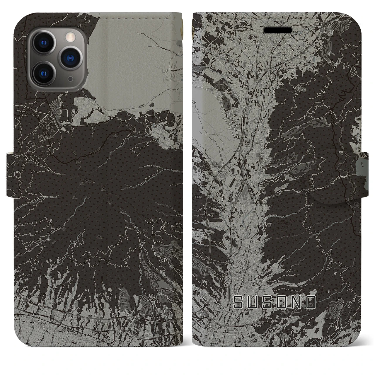 【裾野(静岡県)】地図柄iPhoneケース(手帳タイプ)モノトーン・iPhone 11 Pro Max 用