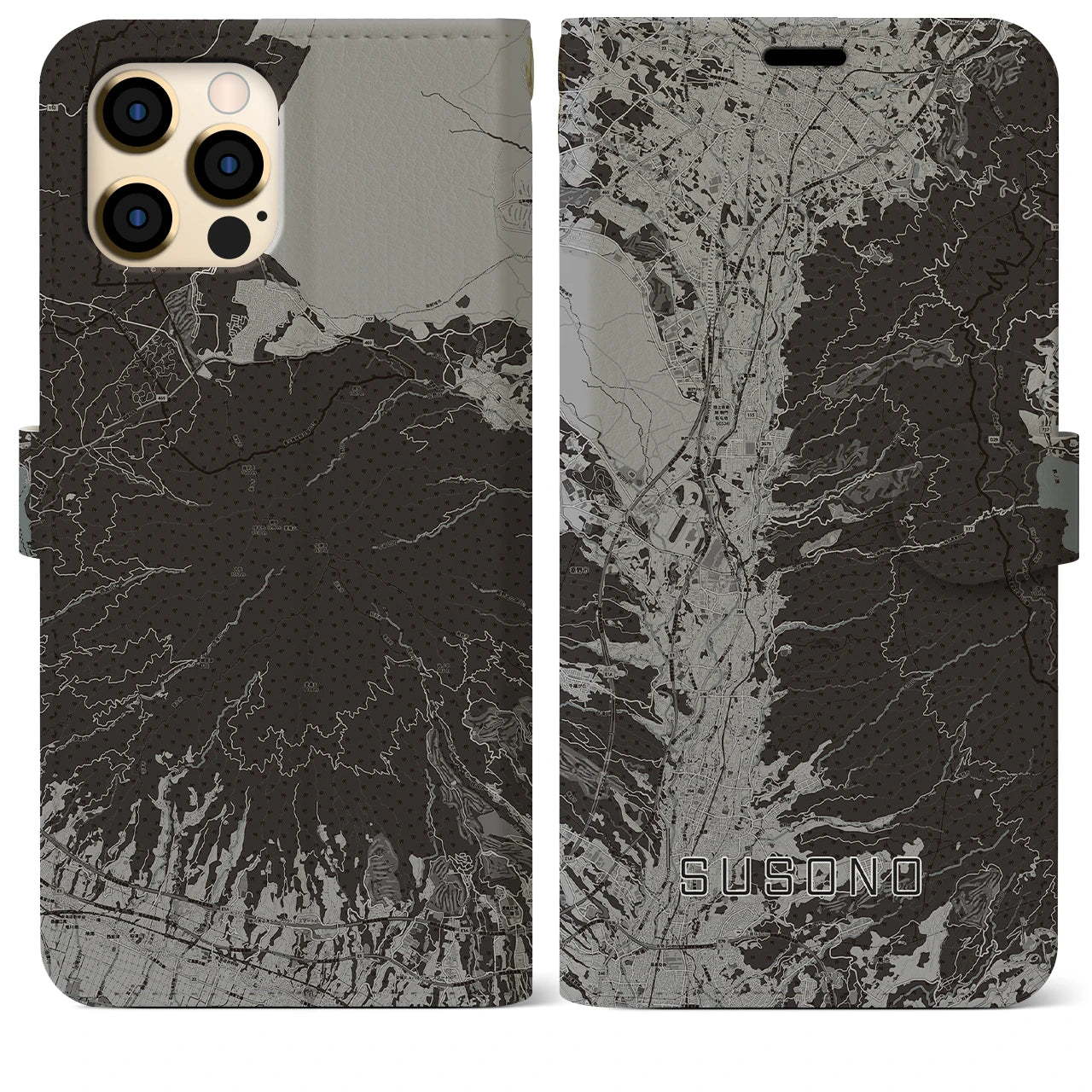 【裾野(静岡県)】地図柄iPhoneケース(手帳タイプ)モノトーン・iPhone 12 Pro Max 用
