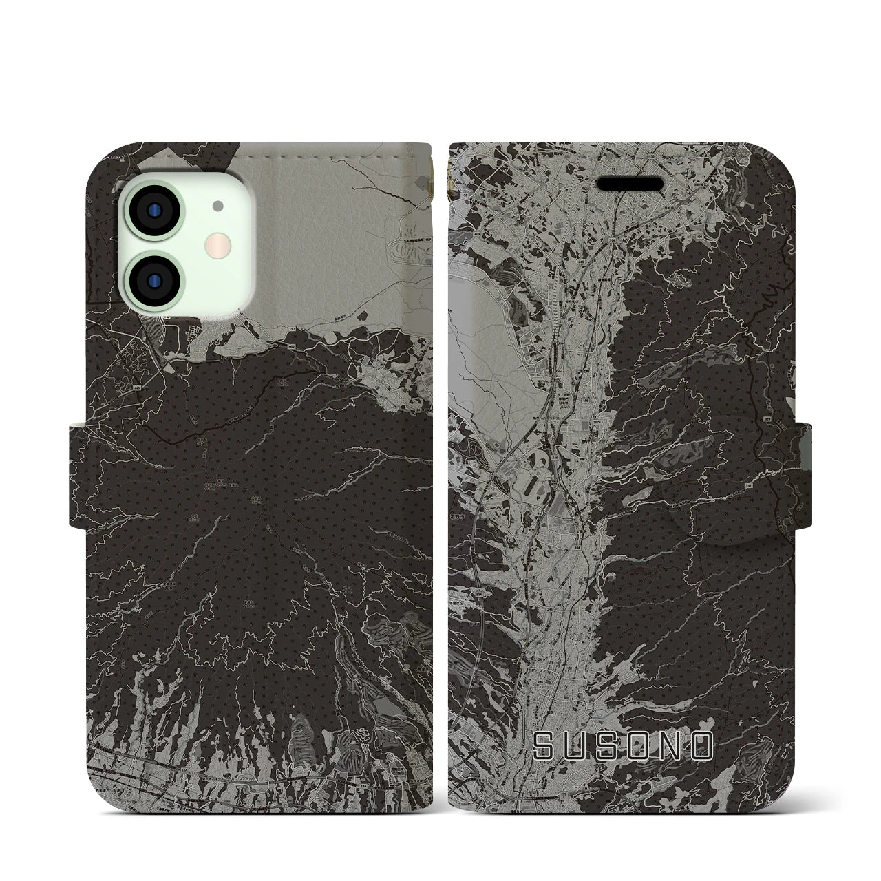 【裾野(静岡県)】地図柄iPhoneケース(手帳タイプ)モノトーン・iPhone 12 mini 用