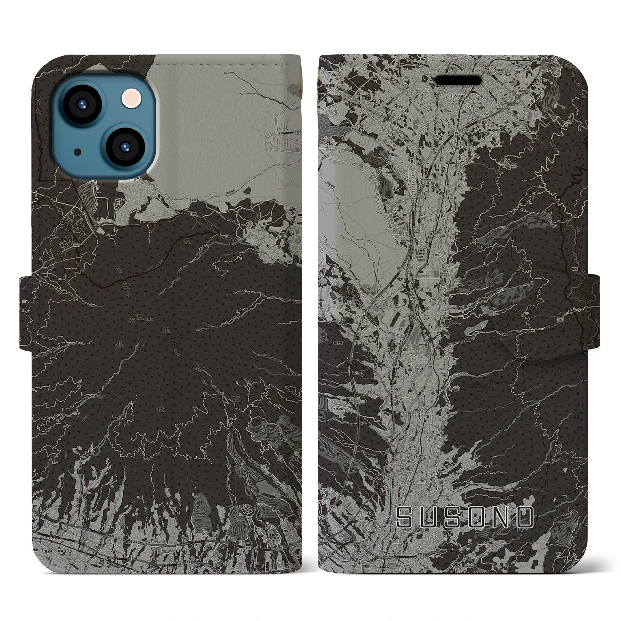 【裾野(静岡県)】地図柄iPhoneケース(手帳タイプ)モノトーン・iPhone 13 用