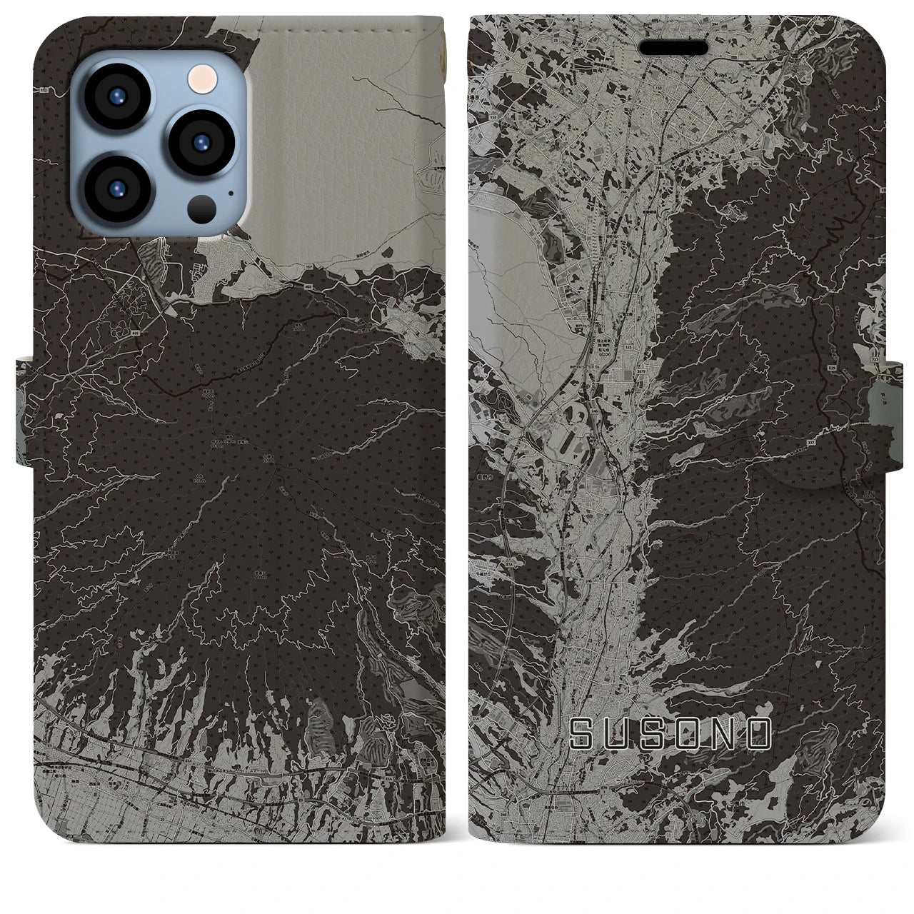【裾野(静岡県)】地図柄iPhoneケース(手帳タイプ)モノトーン・iPhone 13 Pro Max 用