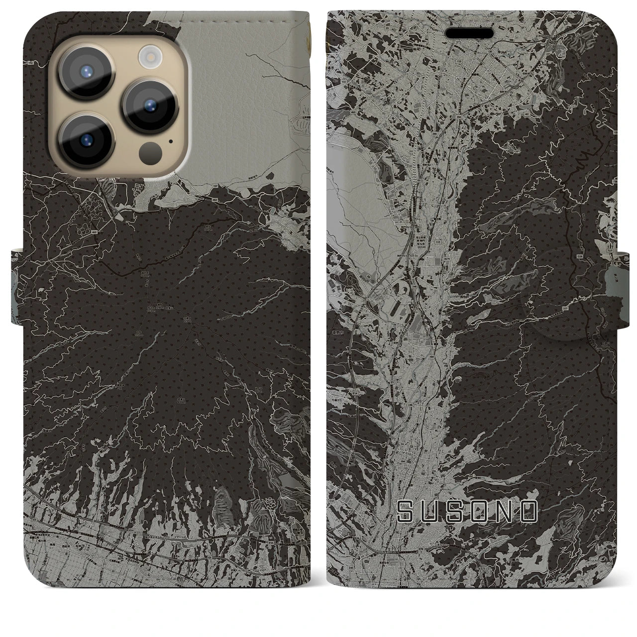 【裾野(静岡県)】地図柄iPhoneケース(手帳タイプ)モノトーン・iPhone 14 Pro Max 用