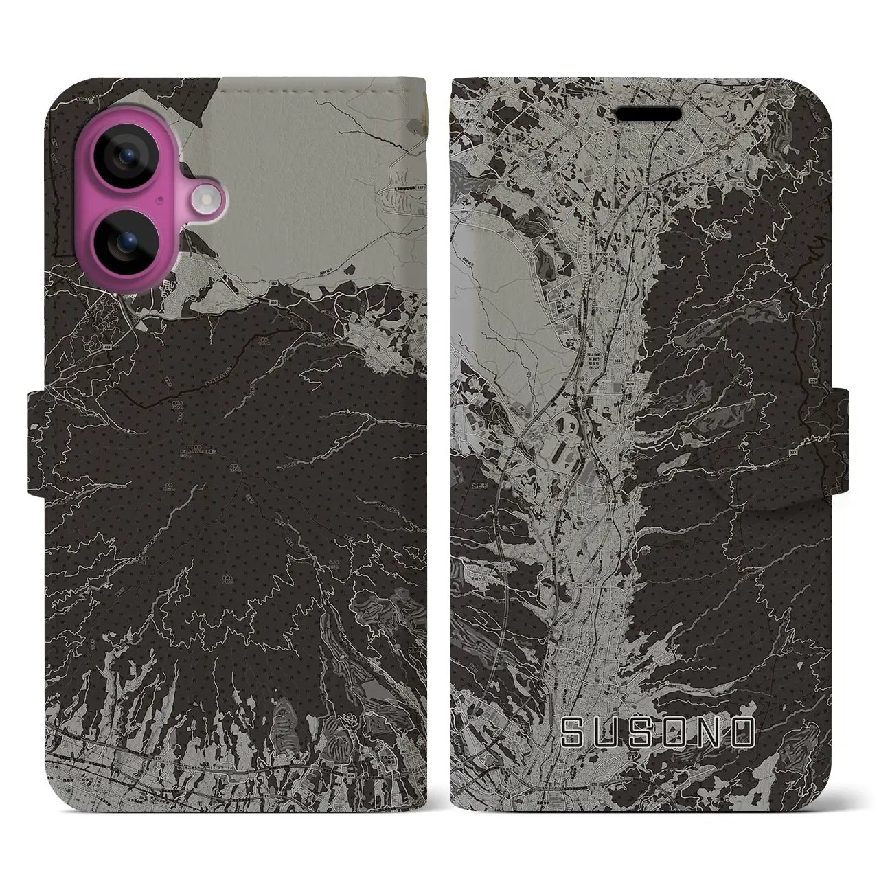 【裾野(静岡県)】地図柄iPhoneケース(手帳タイプ)モノトーン・iPhone 16 Pro 用