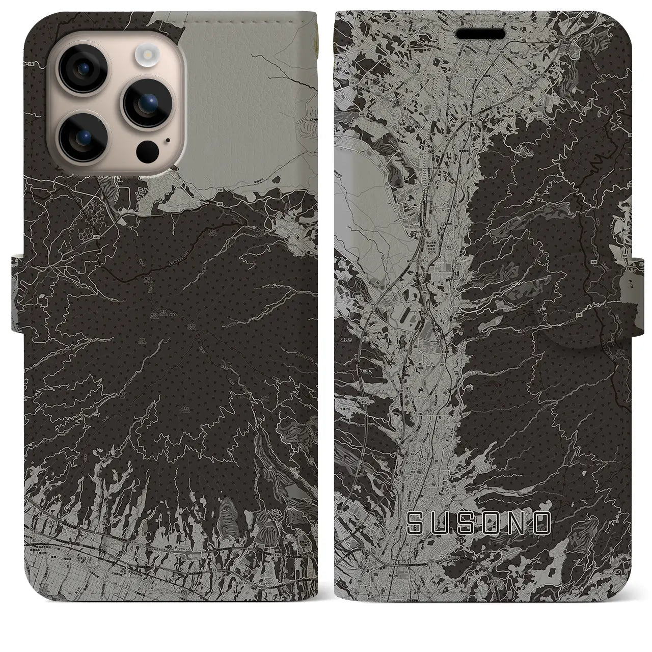 【裾野(静岡県)】地図柄iPhoneケース(手帳タイプ)モノトーン・iPhone 16 Plus 用