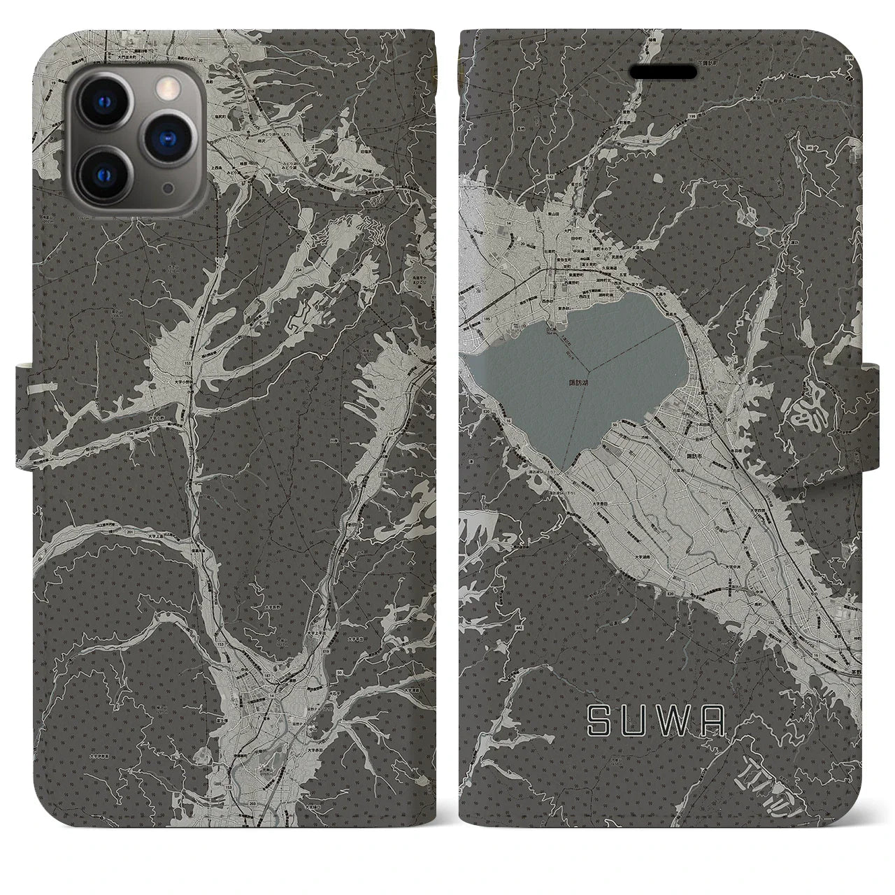 【諏訪(長野県)】地図柄iPhoneケース(手帳タイプ)モノトーン・iPhone 11 Pro Max 用