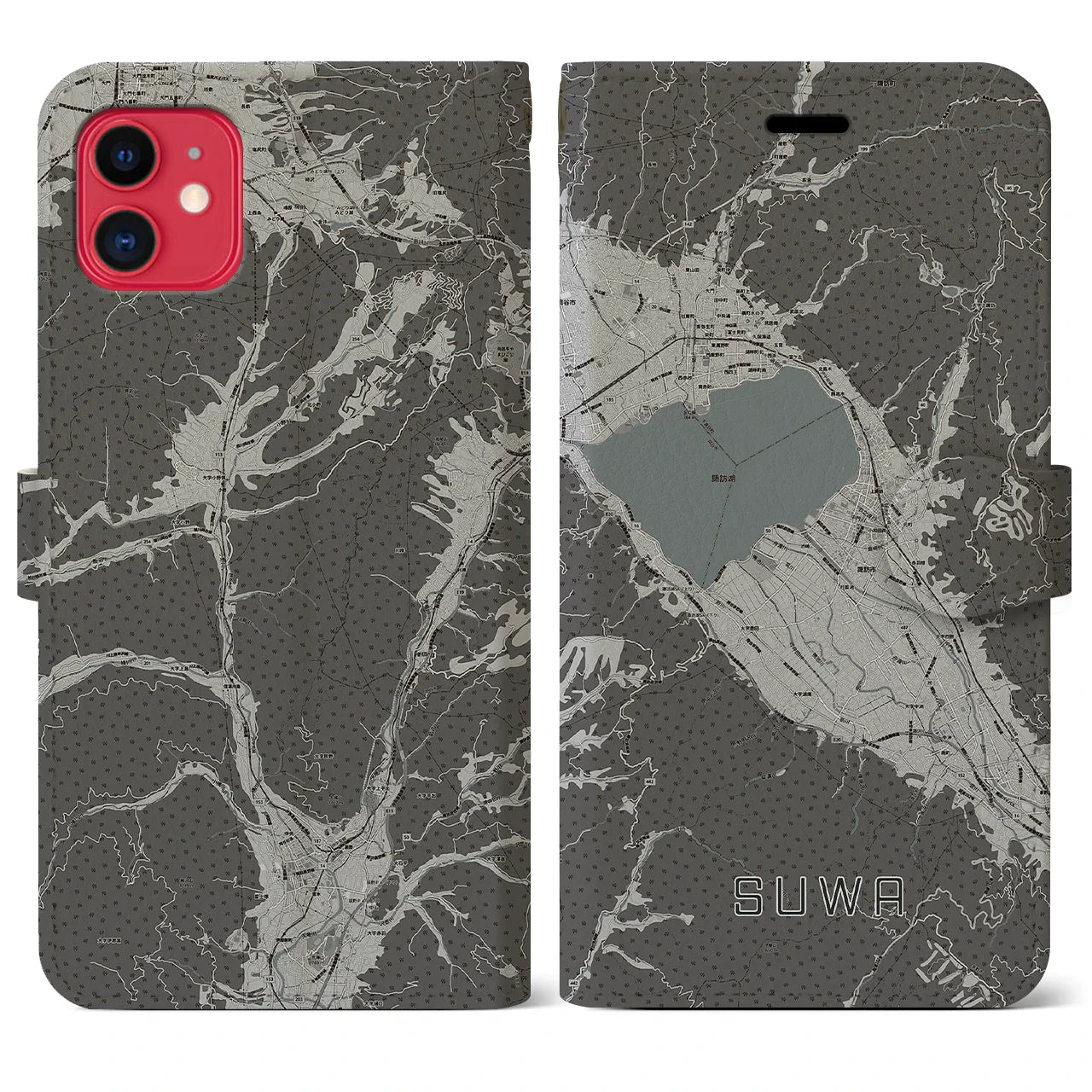 【諏訪(長野県)】地図柄iPhoneケース(手帳タイプ)モノトーン・iPhone 11 用