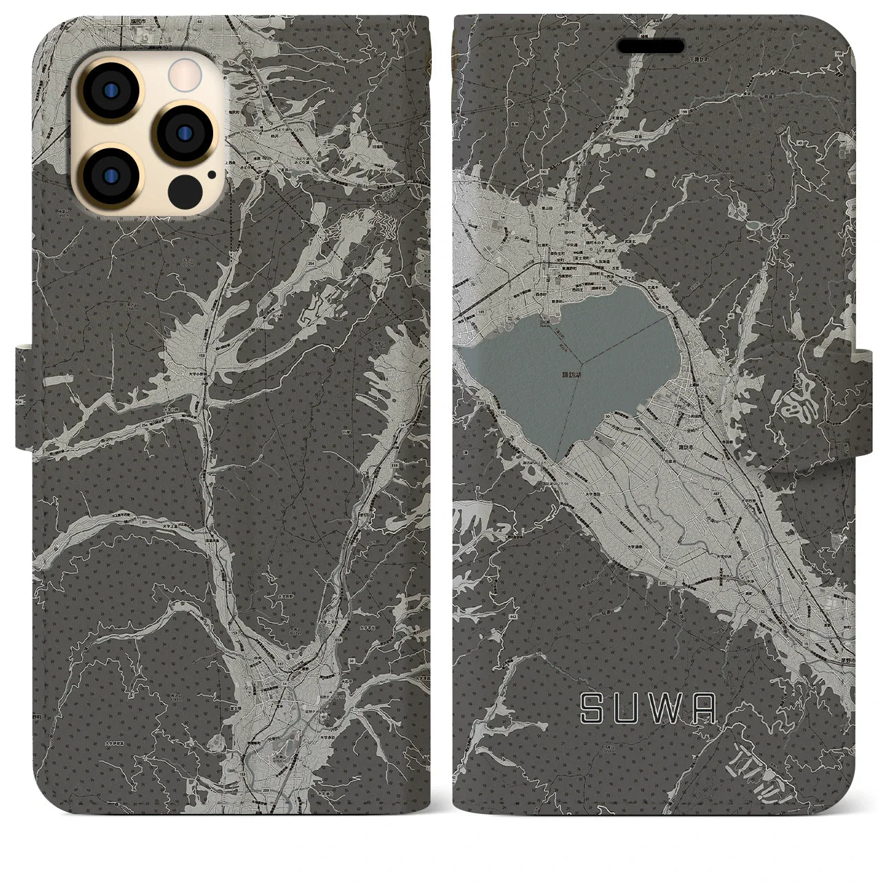 【諏訪(長野県)】地図柄iPhoneケース(手帳タイプ)モノトーン・iPhone 12 Pro Max 用