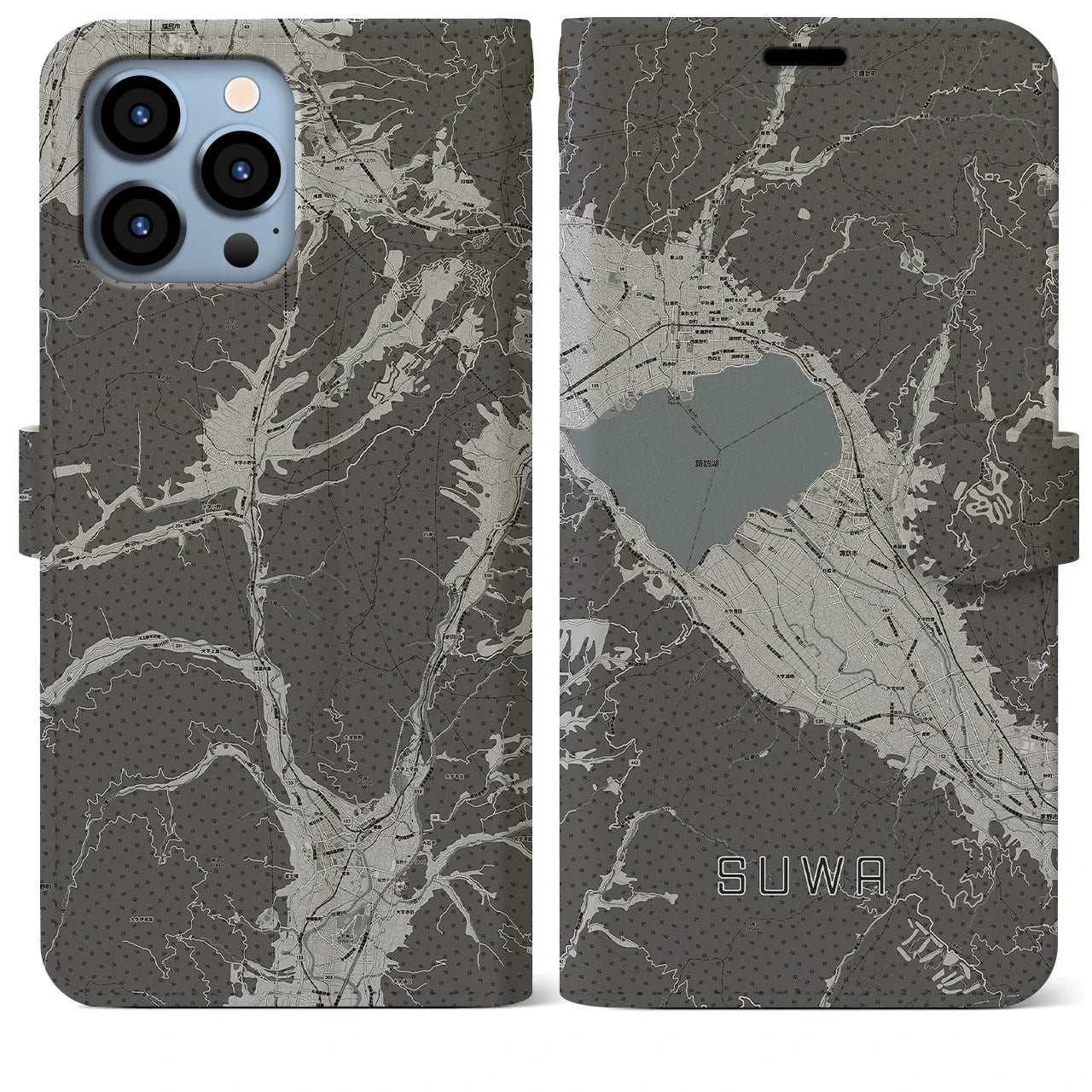 【諏訪(長野県)】地図柄iPhoneケース(手帳タイプ)モノトーン・iPhone 13 Pro Max 用
