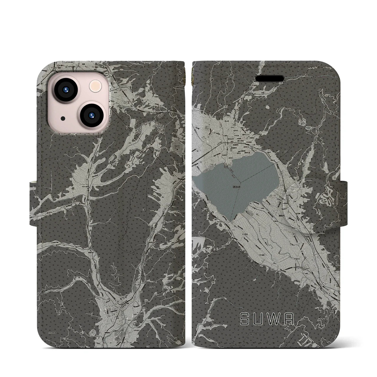 【諏訪(長野県)】地図柄iPhoneケース(手帳タイプ)モノトーン・iPhone 13 mini 用
