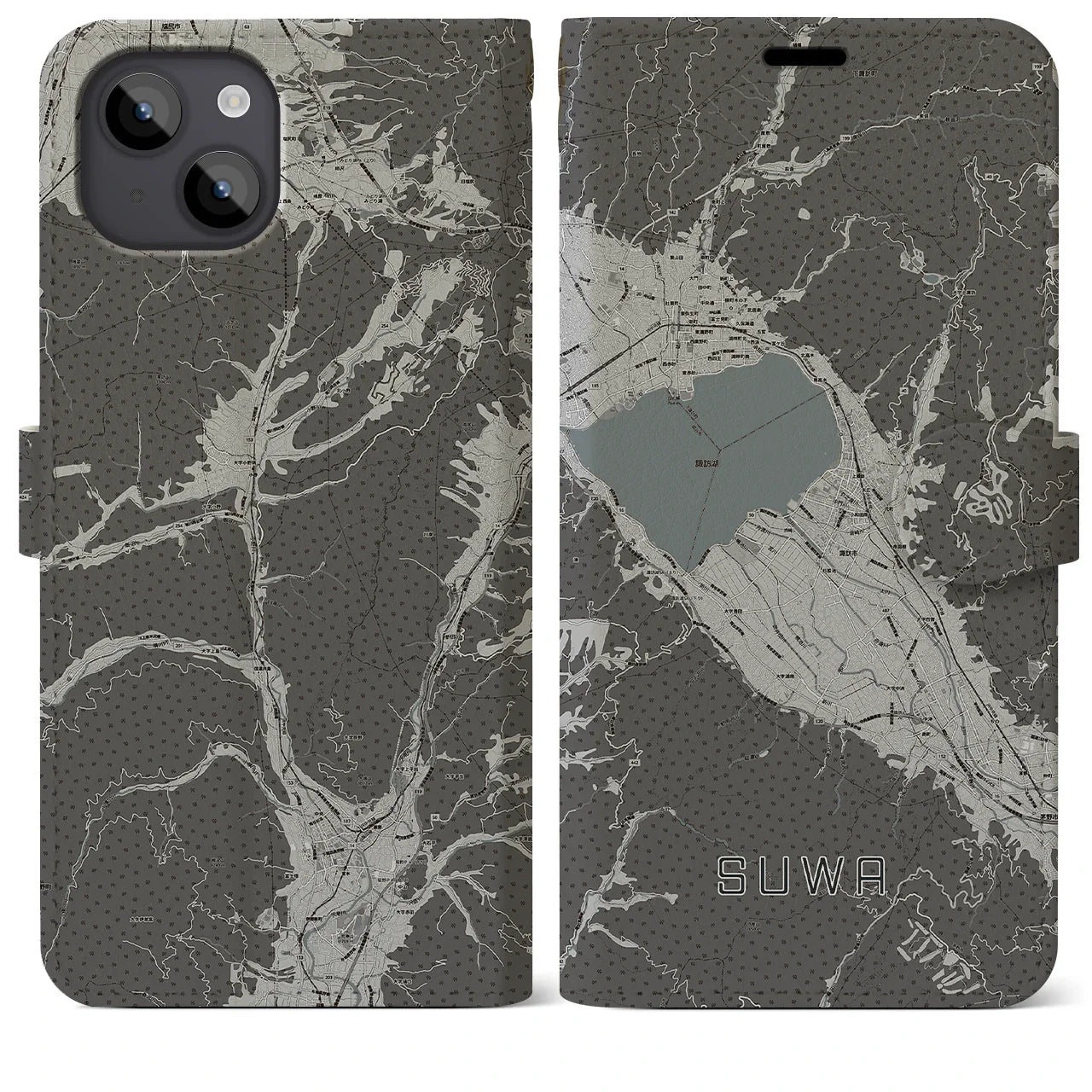 【諏訪(長野県)】地図柄iPhoneケース(手帳タイプ)モノトーン・iPhone 14 Plus 用