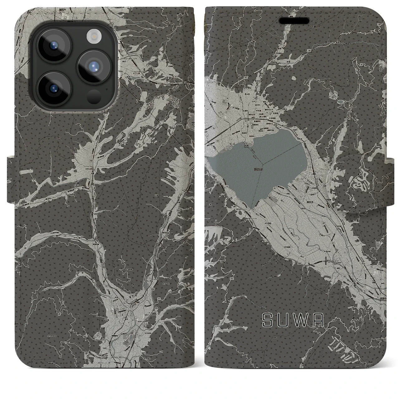 【諏訪(長野県)】地図柄iPhoneケース(手帳タイプ)モノトーン・iPhone 15 Pro Max 用