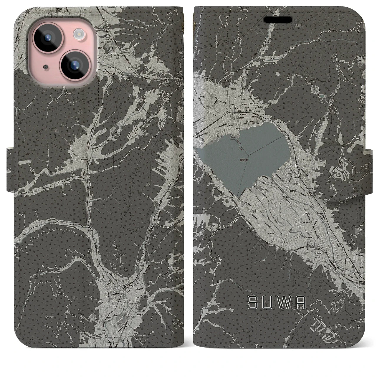【諏訪(長野県)】地図柄iPhoneケース(手帳タイプ)モノトーン・iPhone 15 Plus 用