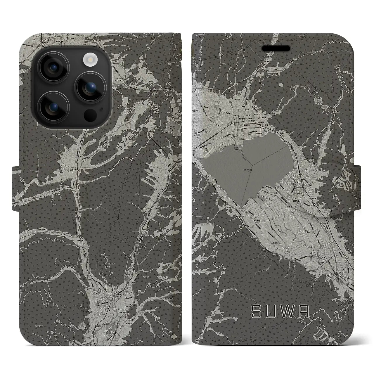 【諏訪(長野県)】地図柄iPhoneケース(手帳タイプ)モノトーン・iPhone 16 用