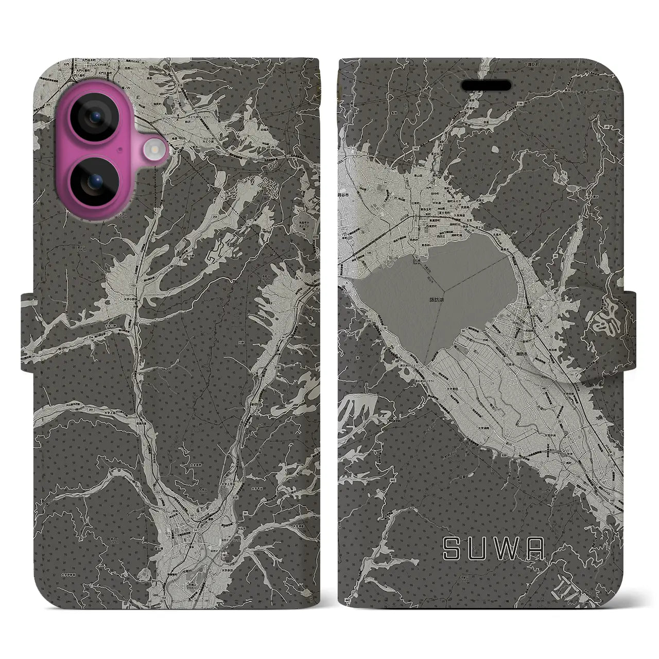 【諏訪(長野県)】地図柄iPhoneケース(手帳タイプ)モノトーン・iPhone 16 Pro 用