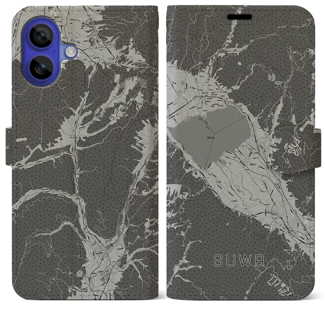 【諏訪(長野県)】地図柄iPhoneケース(手帳タイプ)モノトーン・iPhone 16 Pro Max 用