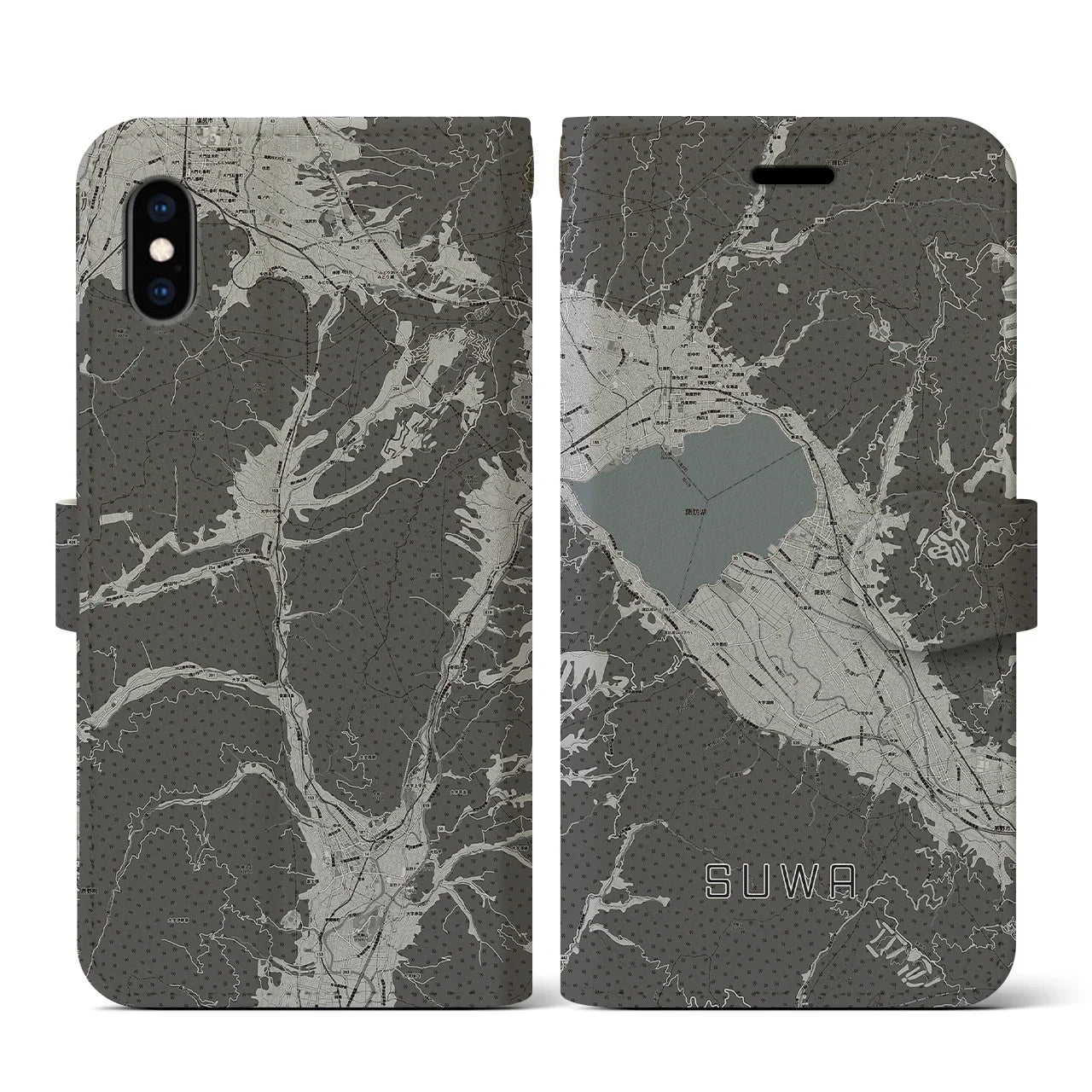 【諏訪(長野県)】地図柄iPhoneケース(手帳タイプ)モノトーン・iPhone XS / X 用