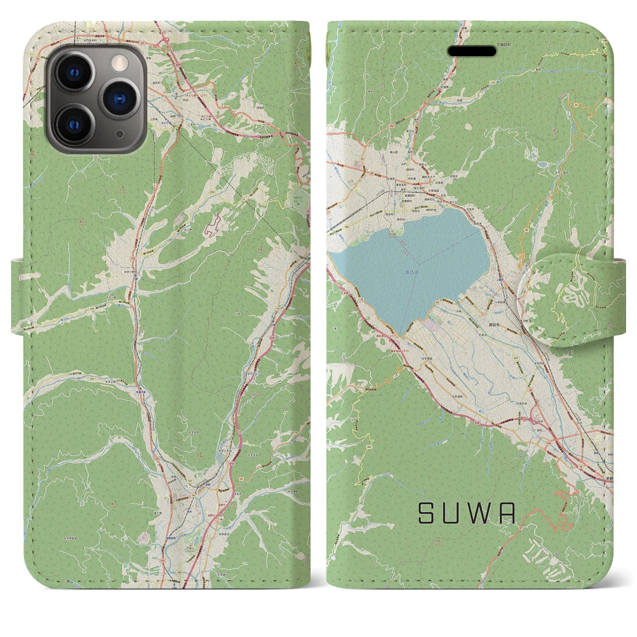 【諏訪(長野県)】地図柄iPhoneケース(手帳タイプ)ナチュラル・iPhone 11 Pro Max 用