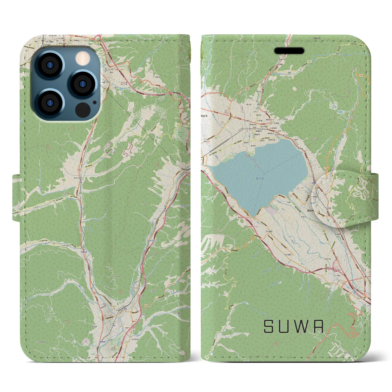 【諏訪(長野県)】地図柄iPhoneケース(手帳タイプ)ナチュラル・iPhone 12 / 12 Pro 用