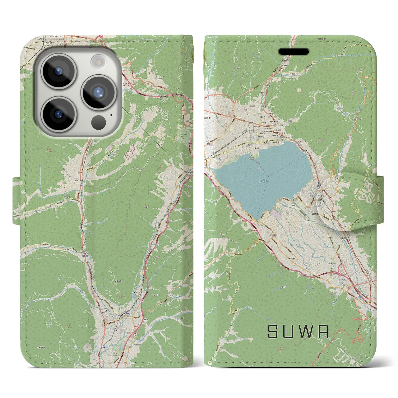 【諏訪(長野県)】地図柄iPhoneケース(手帳タイプ)ナチュラル・iPhone 15 Pro 用