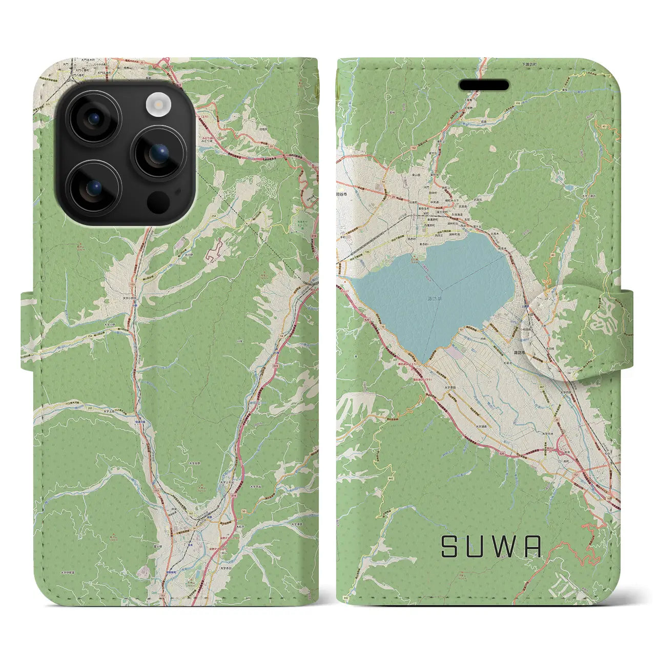 【諏訪(長野県)】地図柄iPhoneケース(手帳タイプ)ナチュラル・iPhone 16 用