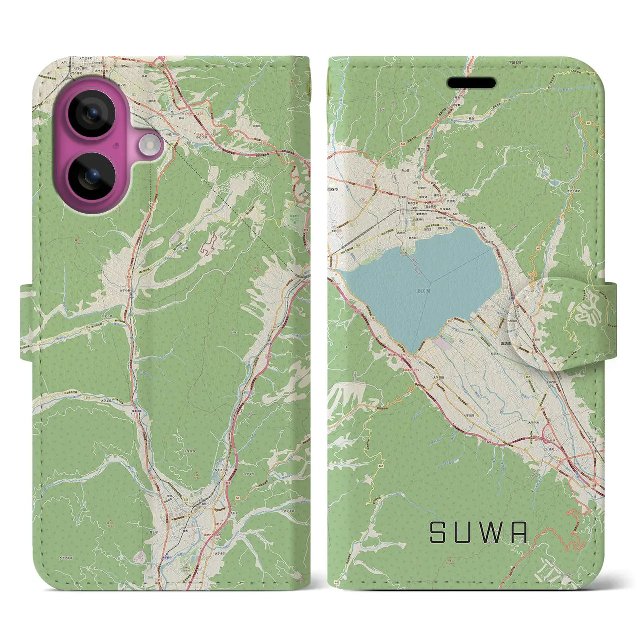 【諏訪(長野県)】地図柄iPhoneケース(手帳タイプ)ナチュラル・iPhone 16 Pro 用