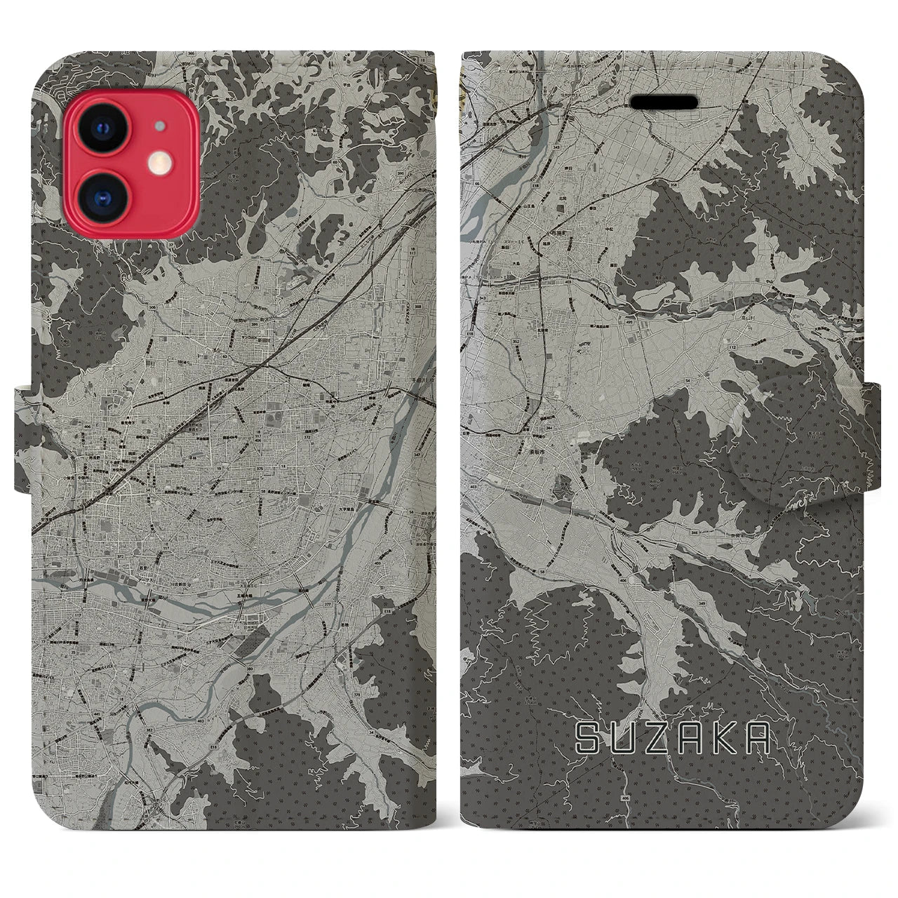 【須坂(長野県)】地図柄iPhoneケース(手帳タイプ)モノトーン・iPhone 11 用