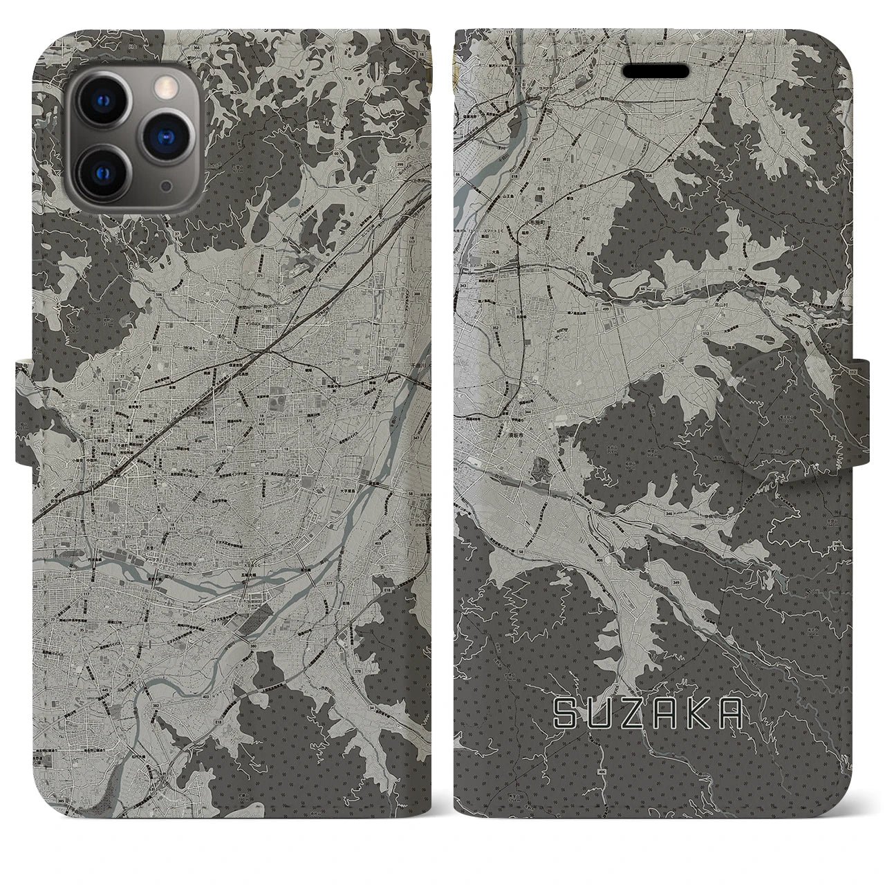 【須坂(長野県)】地図柄iPhoneケース(手帳タイプ)モノトーン・iPhone 11 Pro Max 用