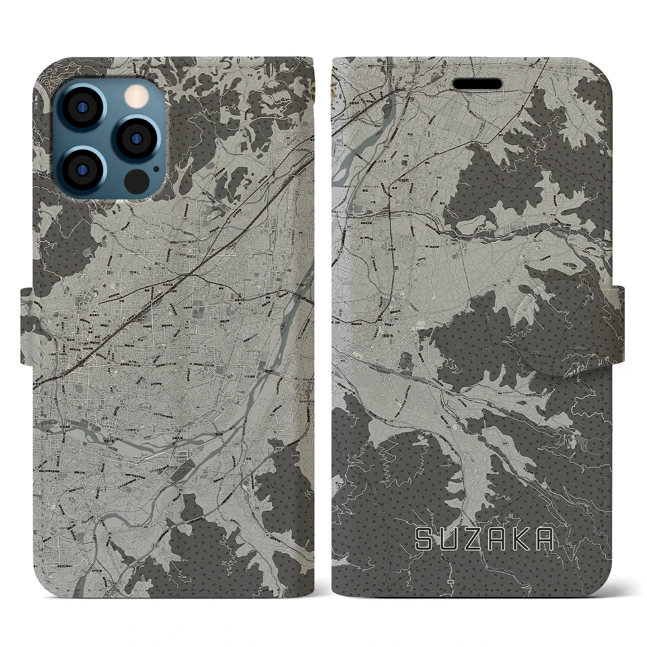 【須坂(長野県)】地図柄iPhoneケース(手帳タイプ)モノトーン・iPhone 12 / 12 Pro 用
