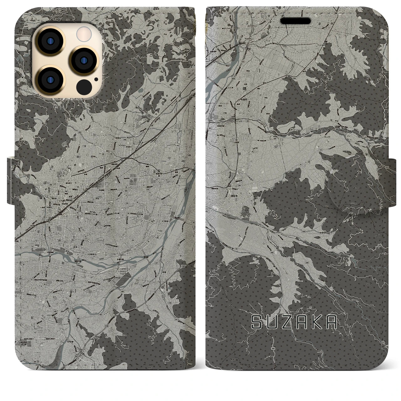 【須坂(長野県)】地図柄iPhoneケース(手帳タイプ)モノトーン・iPhone 12 Pro Max 用