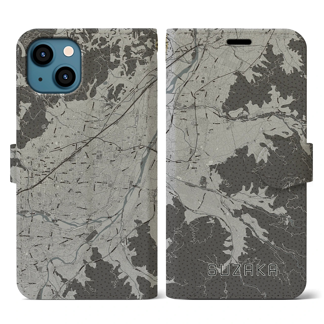 【須坂(長野県)】地図柄iPhoneケース(手帳タイプ)モノトーン・iPhone 13 用