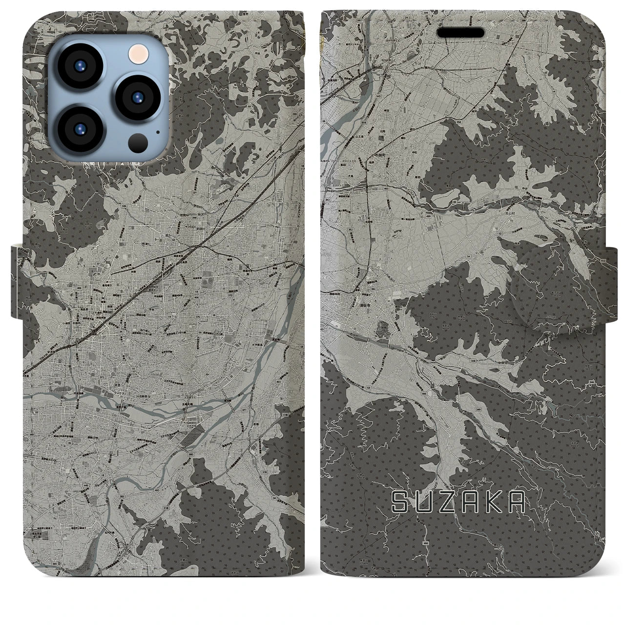 【須坂(長野県)】地図柄iPhoneケース(手帳タイプ)モノトーン・iPhone 13 Pro Max 用