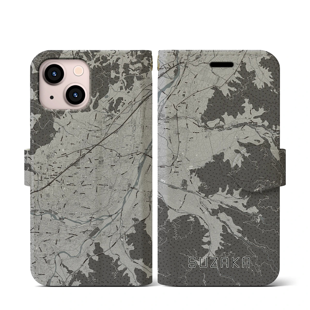 【須坂(長野県)】地図柄iPhoneケース(手帳タイプ)モノトーン・iPhone 13 mini 用