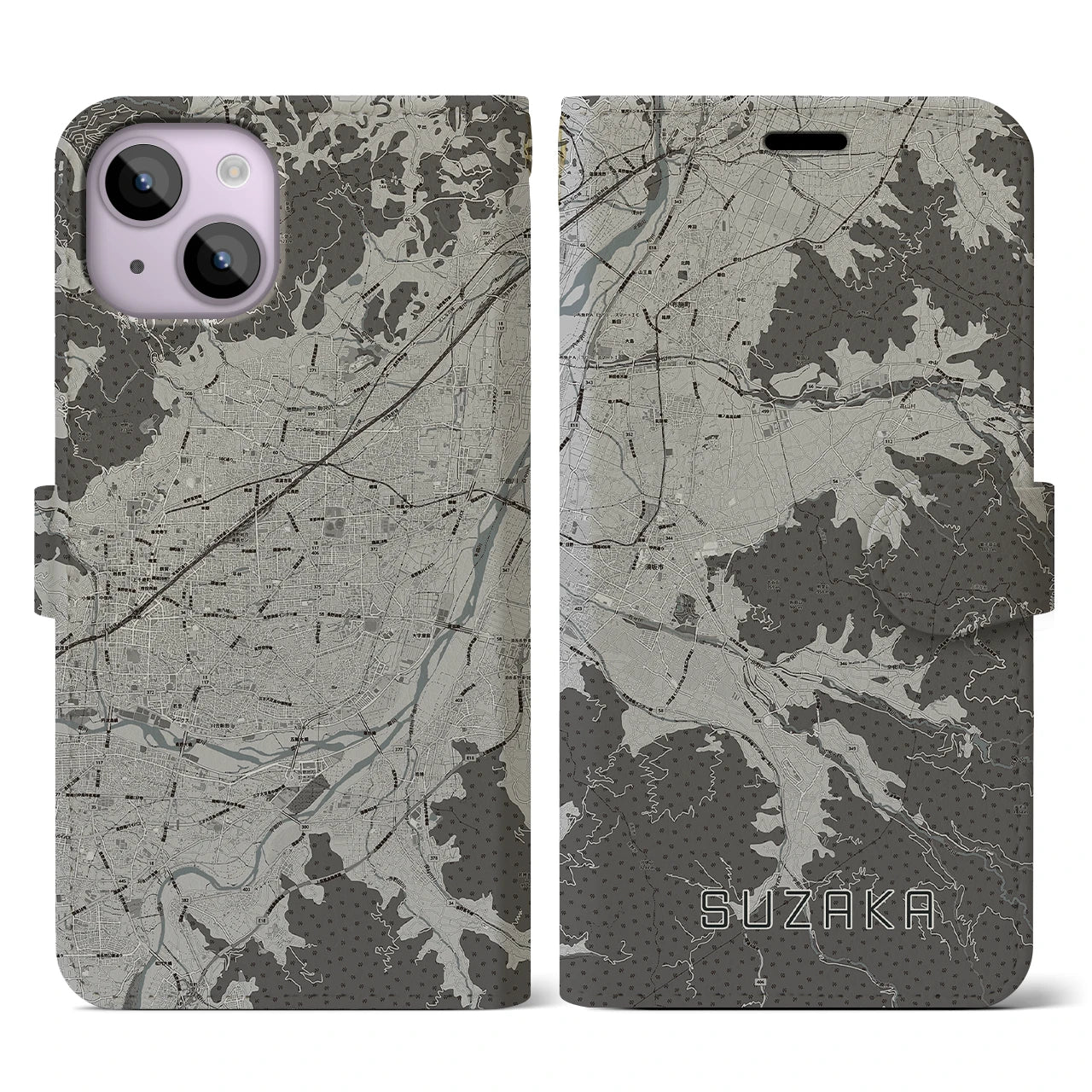 【須坂(長野県)】地図柄iPhoneケース(手帳タイプ)モノトーン・iPhone 14 用